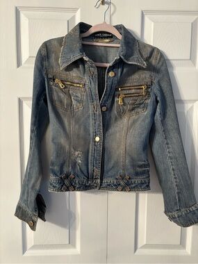 Dolce & Gabbana Faded Blue Denim Jacket with Gold Hardware